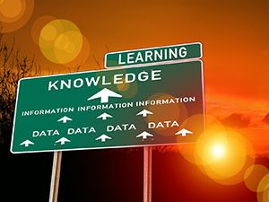 Road sign with the words "Learning" and "Knowledge" on it